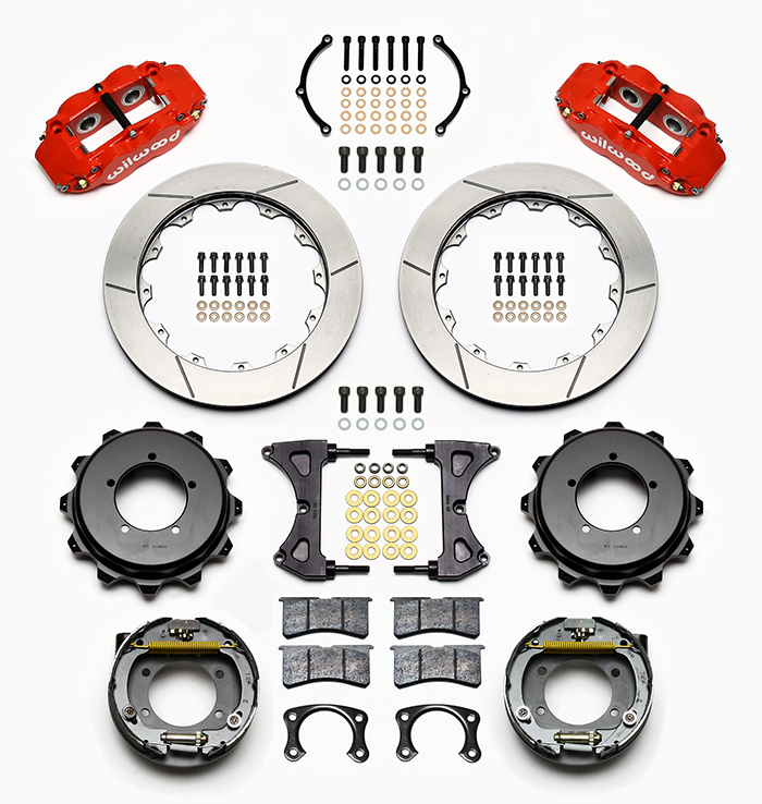 Wilwood Forged Narrow Superlite 4R Big Brake Rear Parking Brake Kit Parts Laid Out - Red Powder Coat Caliper - GT Slotted Rotor