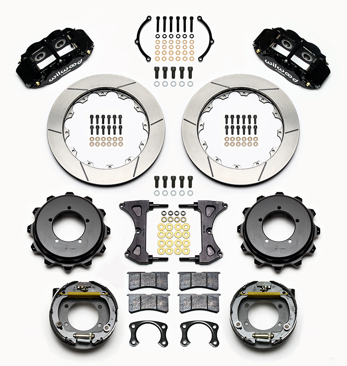 Wilwood Forged Narrow Superlite 4R Big Brake Rear Parking Brake Kit Parts Laid Out - Black Powder Coat Caliper - GT Slotted Rotor