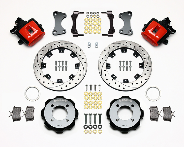 Wilwood Combination Parking Brake Caliper Rear Brake Kit Parts Laid Out - Red Powder Coat Caliper - SRP Drilled & Slotted Rotor