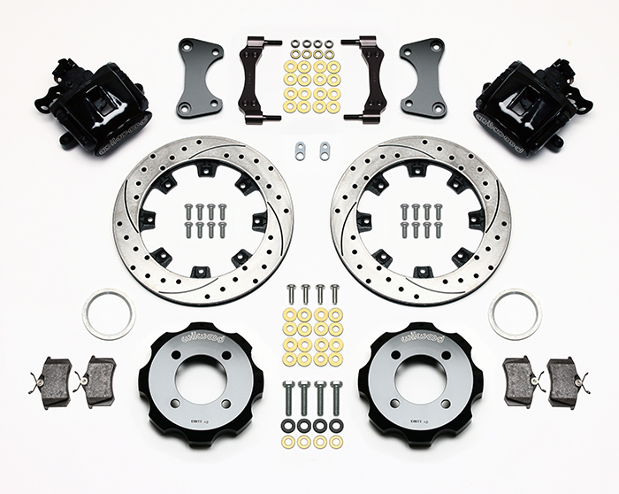 Wilwood Combination Parking Brake Caliper Rear Brake Kit Parts Laid Out - Black Powder Coat Caliper - SRP Drilled & Slotted Rotor