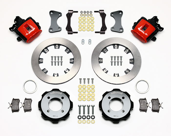 Wilwood Combination Parking Brake Caliper Rear Brake Kit Parts Laid Out - Red Powder Coat Caliper - Plain Face Rotor