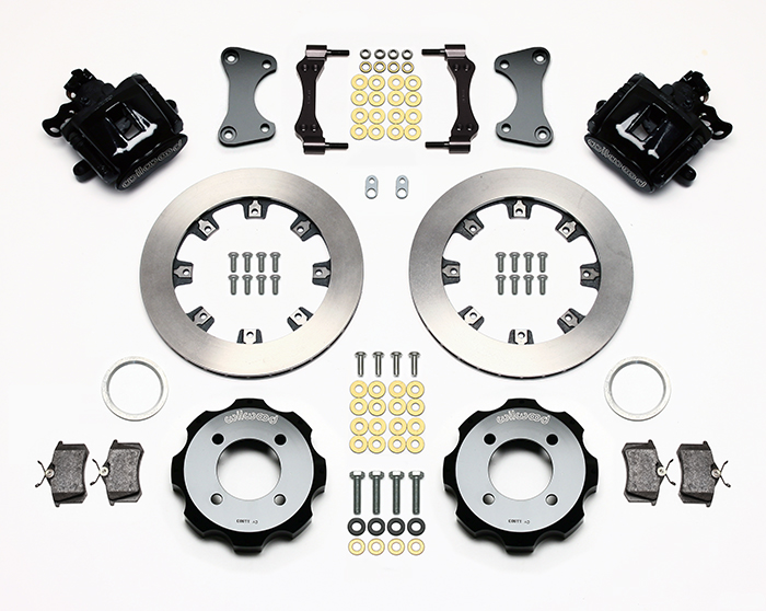 Wilwood Combination Parking Brake Caliper Rear Brake Kit Parts Laid Out - Black Powder Coat Caliper - Plain Face Rotor