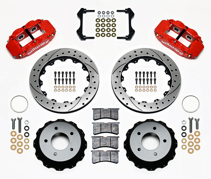 Wilwood Forged Narrow Superlite 4R Big Brake Rear Brake Kit For OE Parking Brake Parts Laid Out - Red Powder Coat Caliper - SRP Drilled & Slotted Rotor