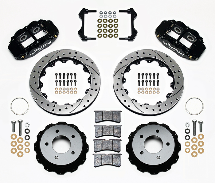 Wilwood Forged Narrow Superlite 4R Big Brake Rear Brake Kit For OE Parking Brake Parts Laid Out - Black Powder Coat Caliper - SRP Drilled & Slotted Rotor
