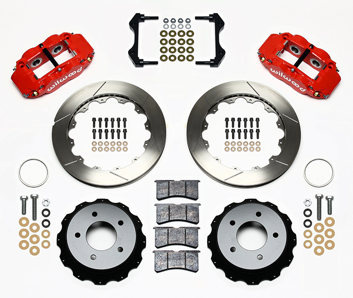 Wilwood Forged Narrow Superlite 4R Big Brake Rear Brake Kit For OE Parking Brake Parts Laid Out - Red Powder Coat Caliper - GT Slotted Rotor