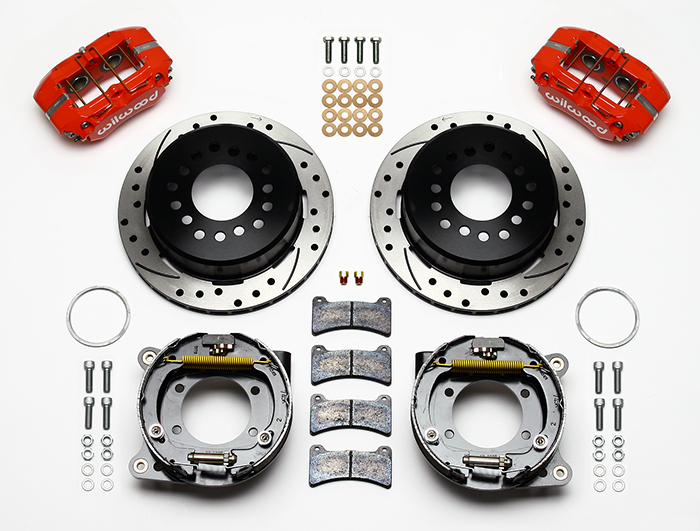 Wilwood Forged Dynapro Low-Profile Rear Parking Brake Kit Parts Laid Out - Red Powder Coat Caliper - SRP Drilled & Slotted Rotor