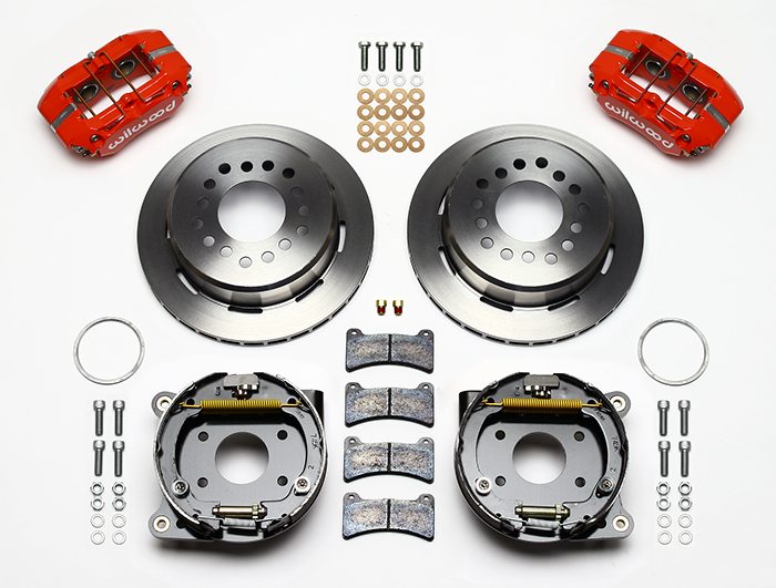 Wilwood Forged Dynapro Low-Profile Rear Parking Brake Kit Parts Laid Out - Red Powder Coat Caliper - Plain Face Rotor