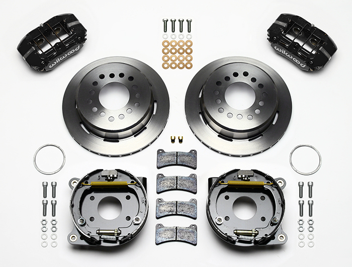 Wilwood Forged Dynapro Low-Profile Rear Parking Brake Kit Parts Laid Out - Black Powder Coat Caliper - Plain Face Rotor
