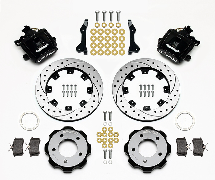 Wilwood Combination Parking Brake Caliper Rear Brake Kit Parts Laid Out - Black Powder Coat Caliper - SRP Drilled & Slotted Rotor