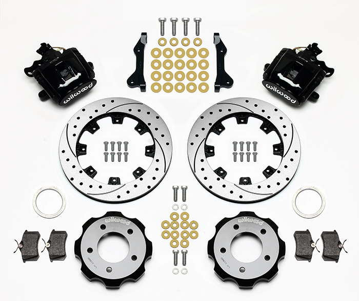 Wilwood Combination Parking Brake Caliper Rear Brake Kit Parts Laid Out - Black Powder Coat Caliper - SRP Drilled & Slotted Rotor