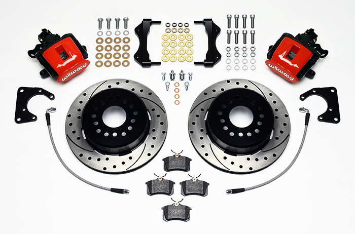 Wilwood Combination Parking Brake Caliper 1Pc Rotor Rear Brake Kit Parts Laid Out - Red Powder Coat Caliper - SRP Drilled & Slotted Rotor