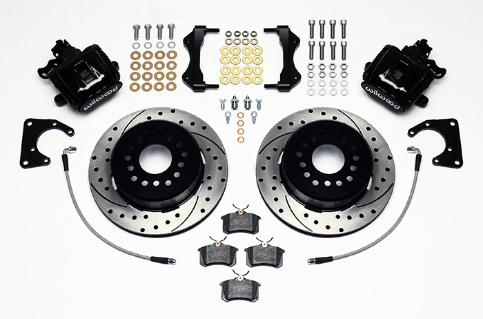 Wilwood Combination Parking Brake Caliper 1Pc Rotor Rear Brake Kit Parts Laid Out - Black Powder Coat Caliper - SRP Drilled & Slotted Rotor