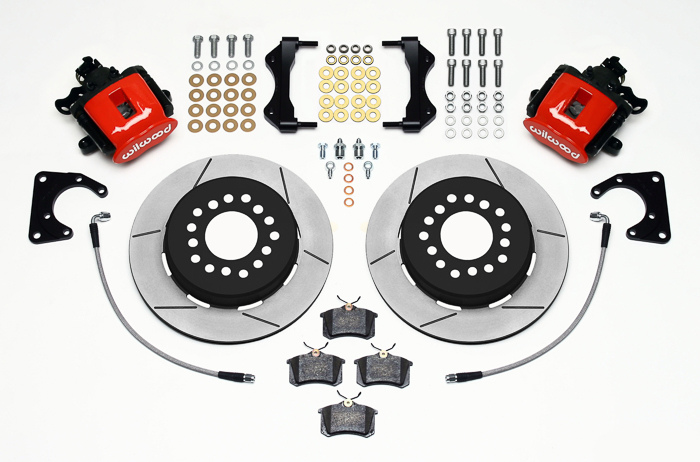 Wilwood Combination Parking Brake Caliper 1Pc Rotor Rear Brake Kit Parts Laid Out - Red Powder Coat Caliper - GT Slotted Rotor