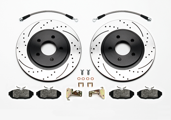 Wilwood Promatrix Rear Replacement Rotor Kit Parts Laid Out - SRP Drilled & Slotted Rotor