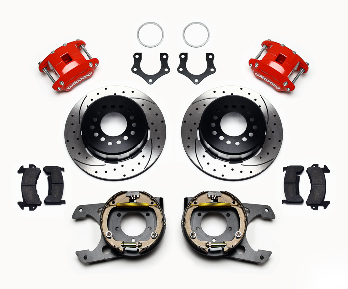 Wilwood D154 Rear Parking Brake Kit Parts Laid Out - Red Powder Coat Caliper - SRP Drilled & Slotted Rotor