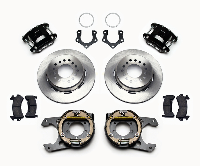 Wilwood D154 Rear Parking Brake Kit Parts Laid Out - Black Powder Coat Caliper - Plain Face Rotor