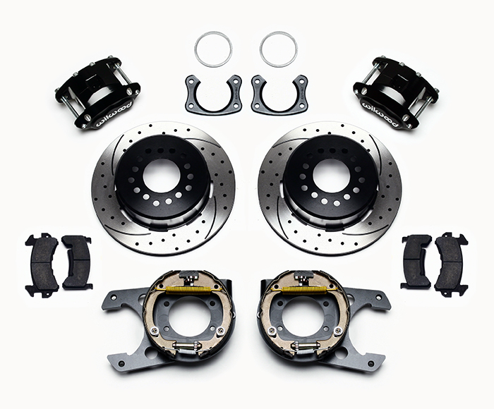 Wilwood D154 Rear Parking Brake Kit Parts Laid Out - Black Powder Coat Caliper - SRP Drilled & Slotted Rotor