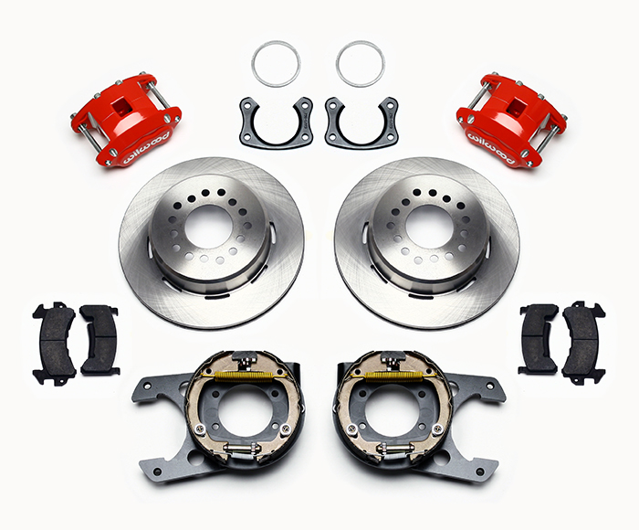 Wilwood D154 Rear Parking Brake Kit Parts Laid Out - Red Powder Coat Caliper - Plain Face Rotor