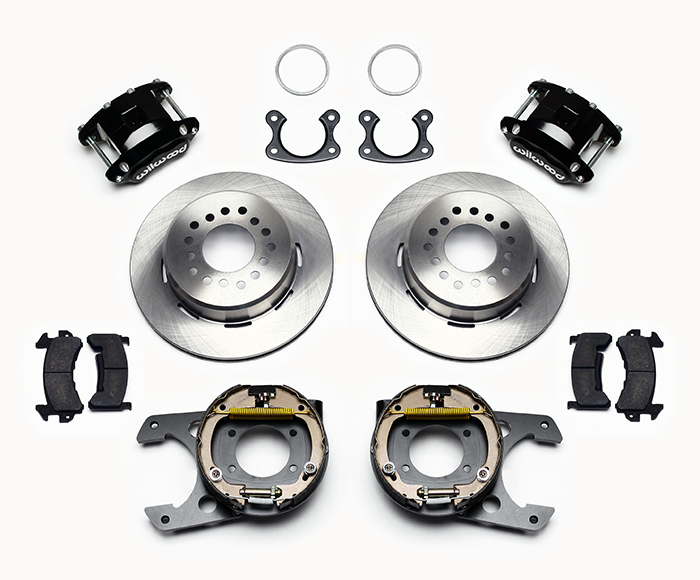 Wilwood D154 Rear Parking Brake Kit Parts Laid Out - Black Powder Coat Caliper - Plain Face Rotor