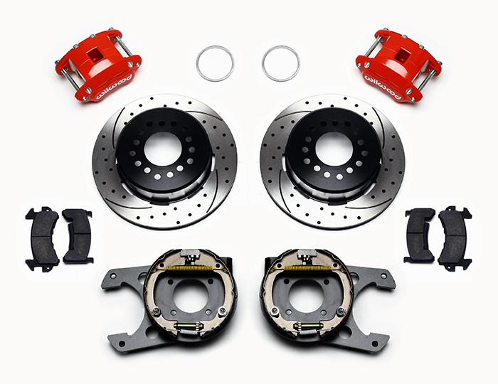Wilwood D154 Rear Parking Brake Kit Parts Laid Out - Red Powder Coat Caliper - SRP Drilled & Slotted Rotor