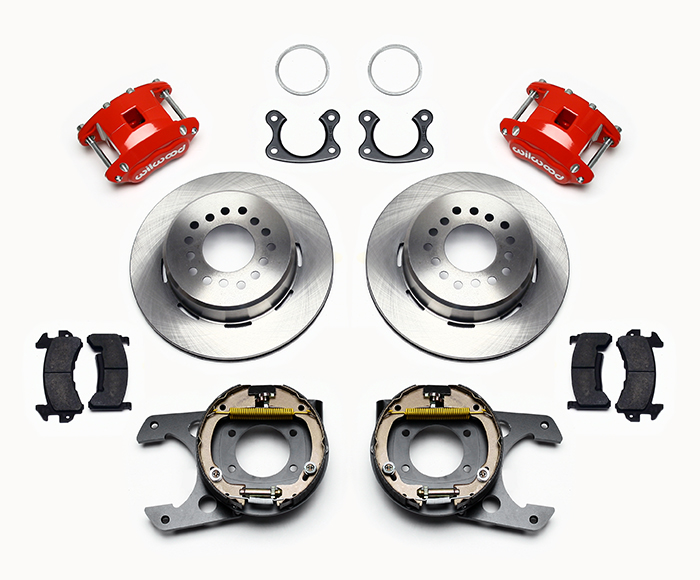 Wilwood D154 Rear Parking Brake Kit Parts Laid Out - Red Powder Coat Caliper - Plain Face Rotor