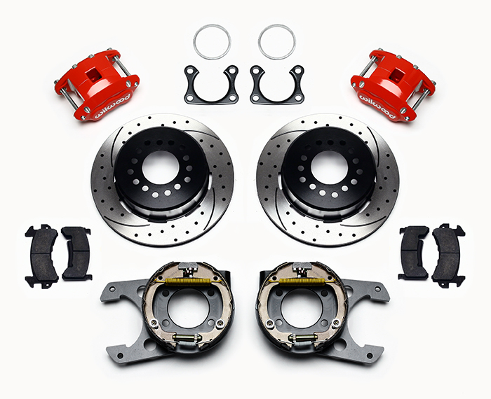 Wilwood D154 Rear Parking Brake Kit Parts Laid Out - Red Powder Coat Caliper - SRP Drilled & Slotted Rotor