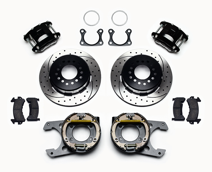 Wilwood D154 Rear Parking Brake Kit Parts Laid Out - Black Powder Coat Caliper - SRP Drilled & Slotted Rotor