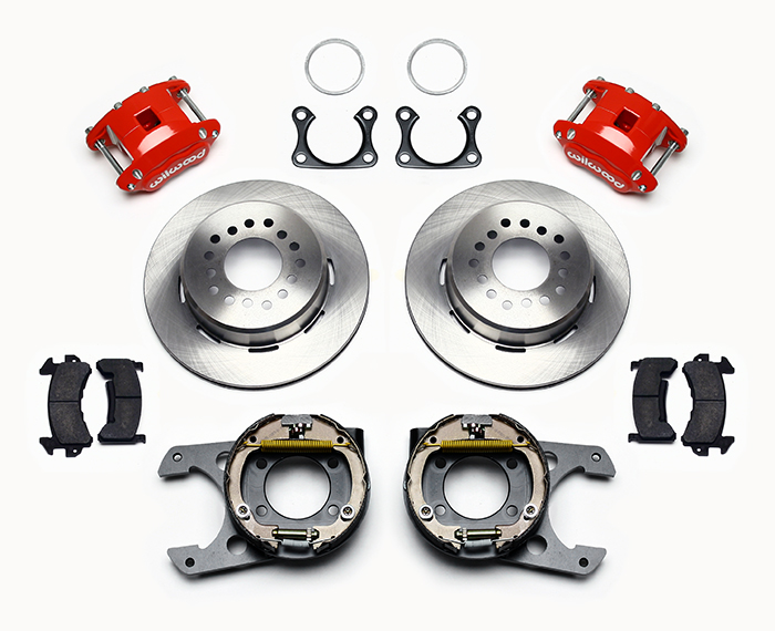 Wilwood D154 Rear Parking Brake Kit Parts Laid Out - Red Powder Coat Caliper - Plain Face Rotor