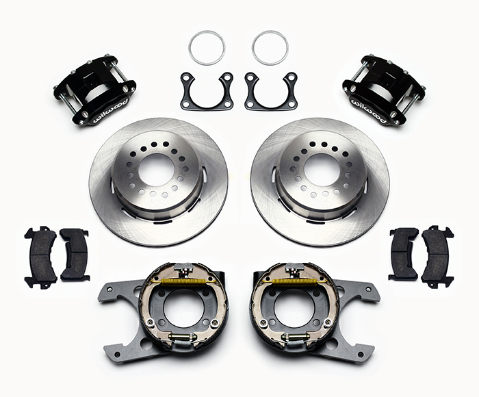 Wilwood D154 Rear Parking Brake Kit Parts Laid Out - Black Powder Coat Caliper - Plain Face Rotor