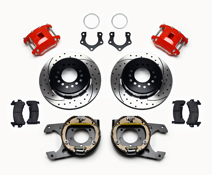 Wilwood D154 Rear Parking Brake Kit Parts Laid Out - Red Powder Coat Caliper - SRP Drilled & Slotted Rotor