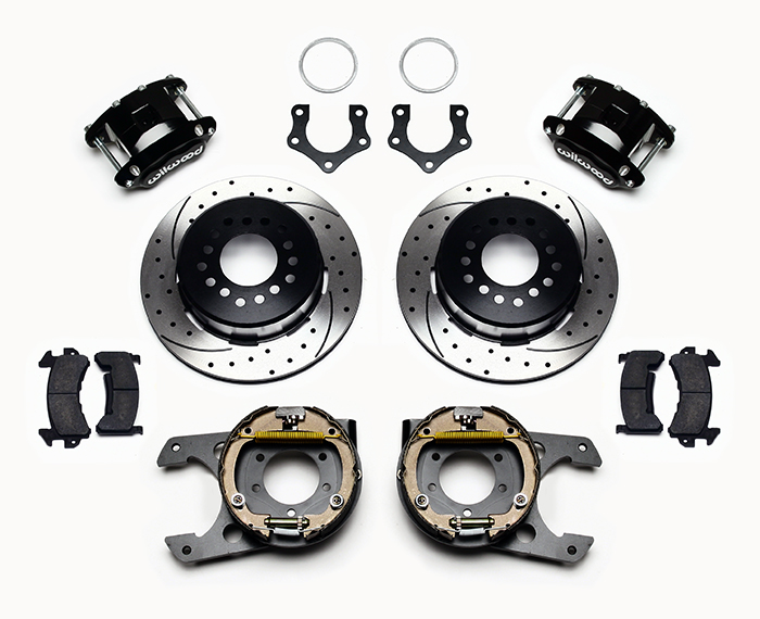 Wilwood D154 Rear Parking Brake Kit Parts Laid Out - Black Powder Coat Caliper - SRP Drilled & Slotted Rotor