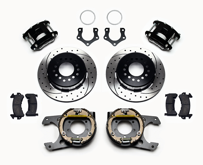 Wilwood D154 Rear Parking Brake Kit Parts Laid Out - Black Powder Coat Caliper - SRP Drilled & Slotted Rotor