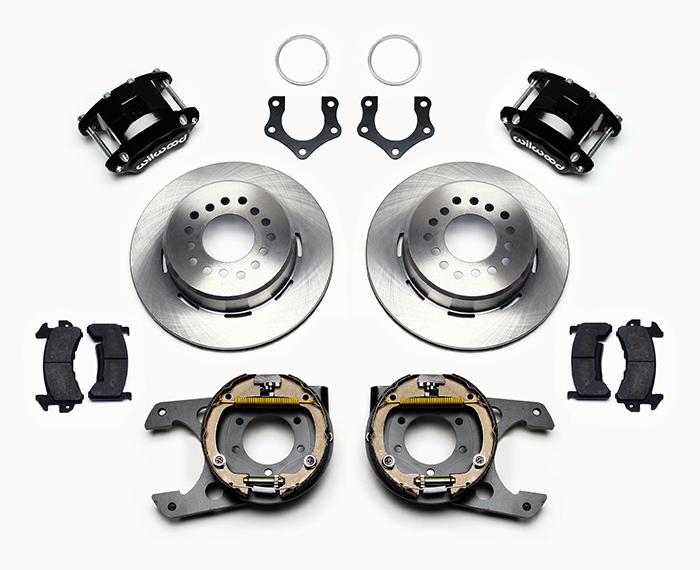 Wilwood D154 Rear Parking Brake Kit Parts Laid Out - Black Powder Coat Caliper - Plain Face Rotor