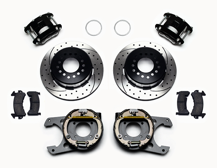 Wilwood D154 Rear Parking Brake Kit Parts Laid Out - Black Powder Coat Caliper - SRP Drilled & Slotted Rotor