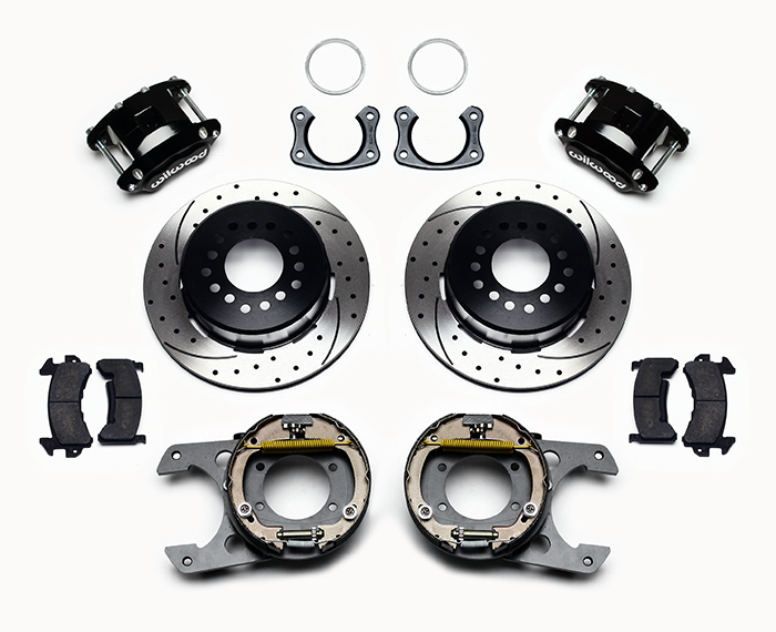 Wilwood D154 Rear Parking Brake Kit Parts Laid Out - Black Powder Coat Caliper - SRP Drilled & Slotted Rotor