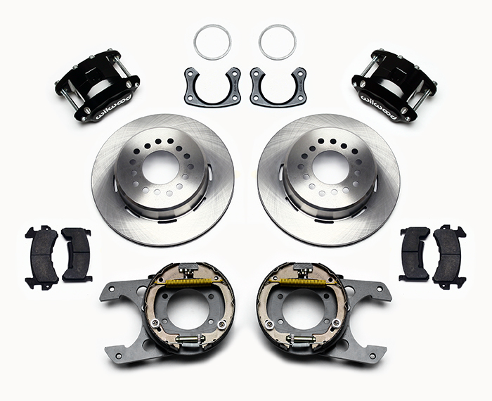 Wilwood D154 Rear Parking Brake Kit Parts Laid Out - Black Powder Coat Caliper - Plain Face Rotor