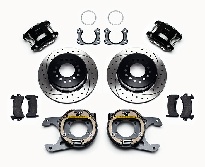 Wilwood D154 Rear Parking Brake Kit Parts Laid Out - Black Powder Coat Caliper - SRP Drilled & Slotted Rotor