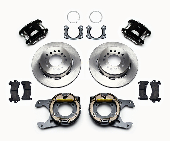 Wilwood D154 Rear Parking Brake Kit Parts Laid Out - Black Powder Coat Caliper - Plain Face Rotor