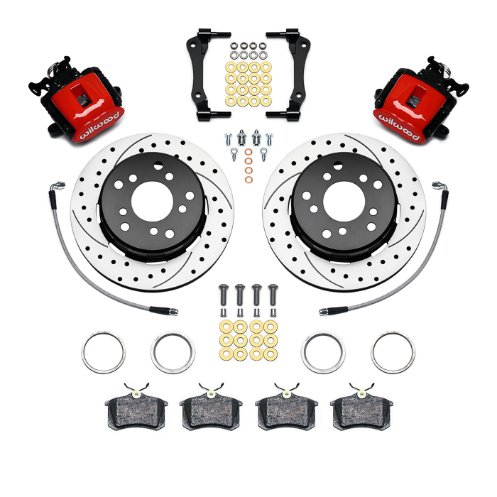 Wilwood Combination Parking Brake Caliper 1Pc Rotor Rear Brake Kit Parts Laid Out - Red Powder Coat Caliper - SRP Drilled & Slotted Rotor