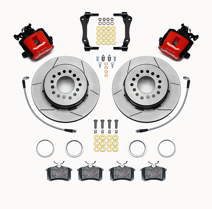 Wilwood Combination Parking Brake Caliper 1Pc Rotor Rear Brake Kit Parts Laid Out - Red Powder Coat Caliper - GT Slotted Rotor
