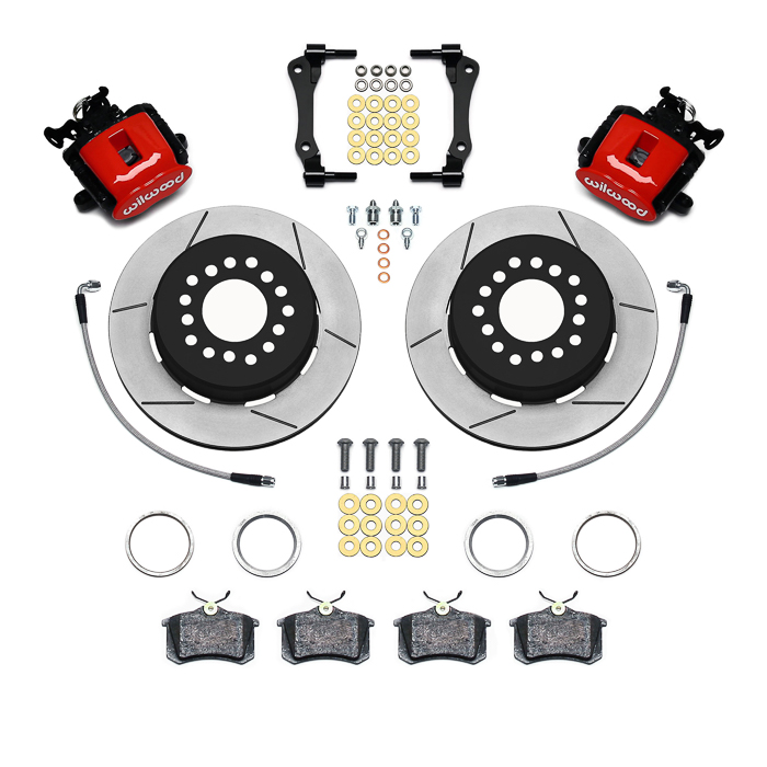 Wilwood Combination Parking Brake Caliper 1Pc Rotor Rear Brake Kit Parts Laid Out - Red Powder Coat Caliper - GT Slotted Rotor