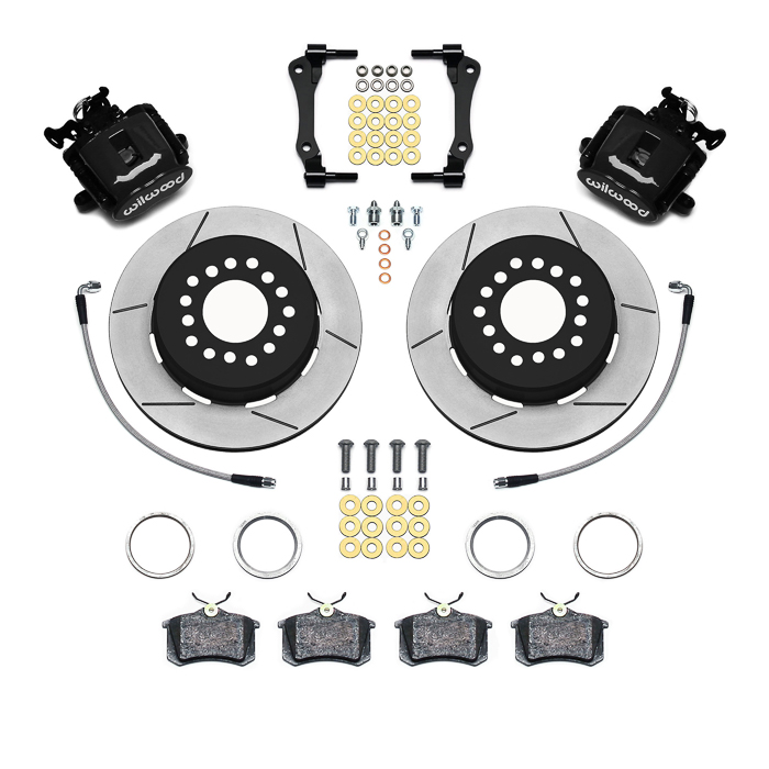 Wilwood Combination Parking Brake Caliper 1Pc Rotor Rear Brake Kit Parts Laid Out - Black Powder Coat Caliper - GT Slotted Rotor