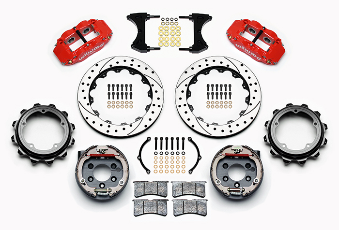 Wilwood Forged Narrow Superlite 4R Big Brake Rear Parking Brake Kit Parts Laid Out - Red Powder Coat Caliper - SRP Drilled & Slotted Rotor