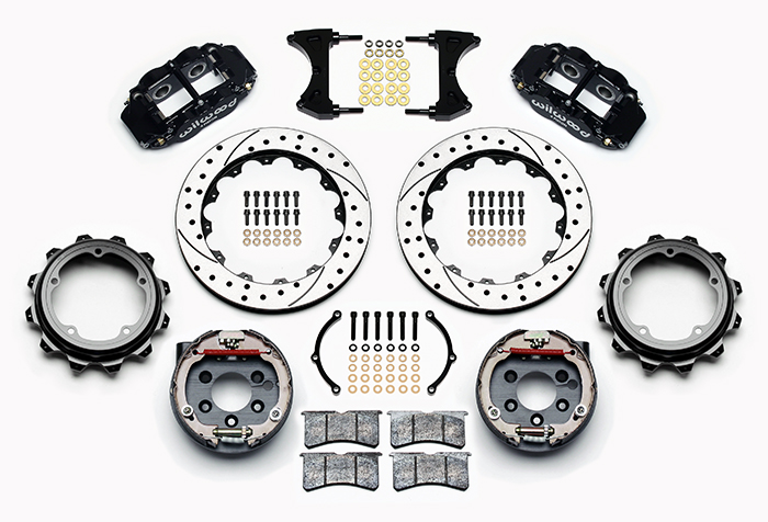 Wilwood Forged Narrow Superlite 4R Big Brake Rear Parking Brake Kit Parts Laid Out - Black Powder Coat Caliper - SRP Drilled & Slotted Rotor