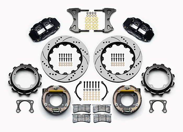 Wilwood Forged Narrow Superlite 4R Big Brake Rear Parking Brake Kit Parts Laid Out - Black Powder Coat Caliper - SRP Drilled & Slotted Rotor