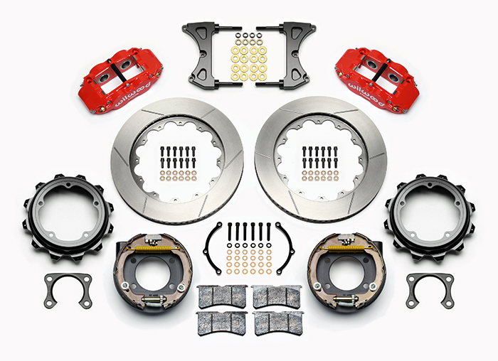 Wilwood Forged Narrow Superlite 4R Big Brake Rear Parking Brake Kit Parts Laid Out - Red Powder Coat Caliper - GT Slotted Rotor