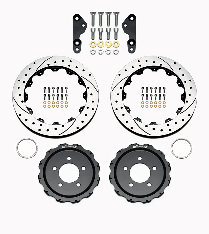 Wilwood Promatrix Rear Replacement Rotor Kit Parts Laid Out - SRP Drilled & Slotted Rotor