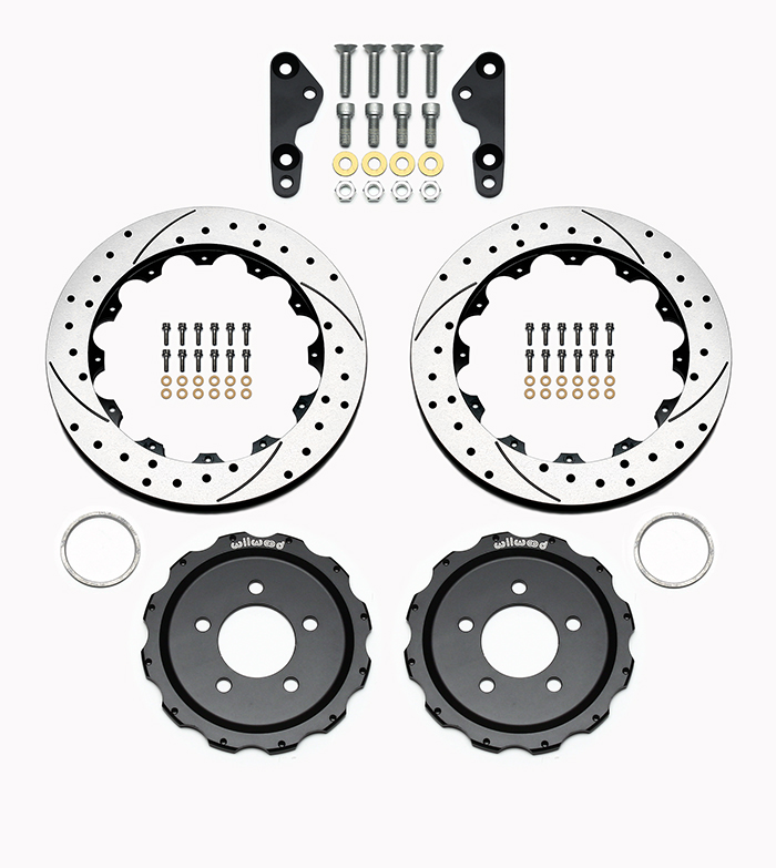 Wilwood Promatrix Rear Replacement Rotor Kit Parts Laid Out - SRP Drilled & Slotted Rotor