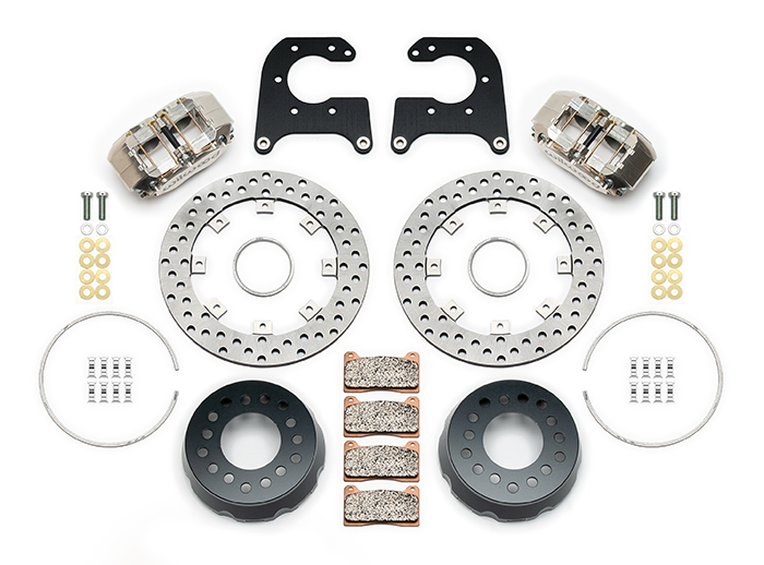 Wilwood Dynapro SA Lug Drive Dynamic Rear Drag Brake Kit Parts Laid Out - Nickel Plate Caliper - Drilled Rotor