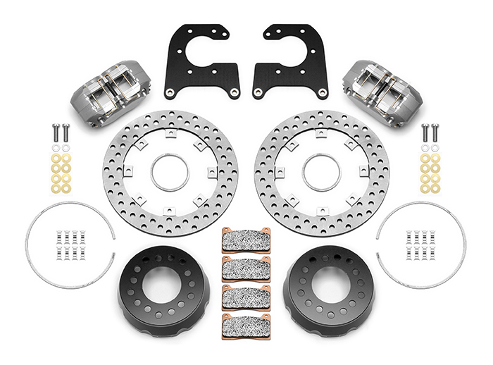 Wilwood Dynapro SA Lug Drive Dynamic Rear Drag Brake Kit Parts Laid Out - Type III Anodize Caliper - Drilled Rotor